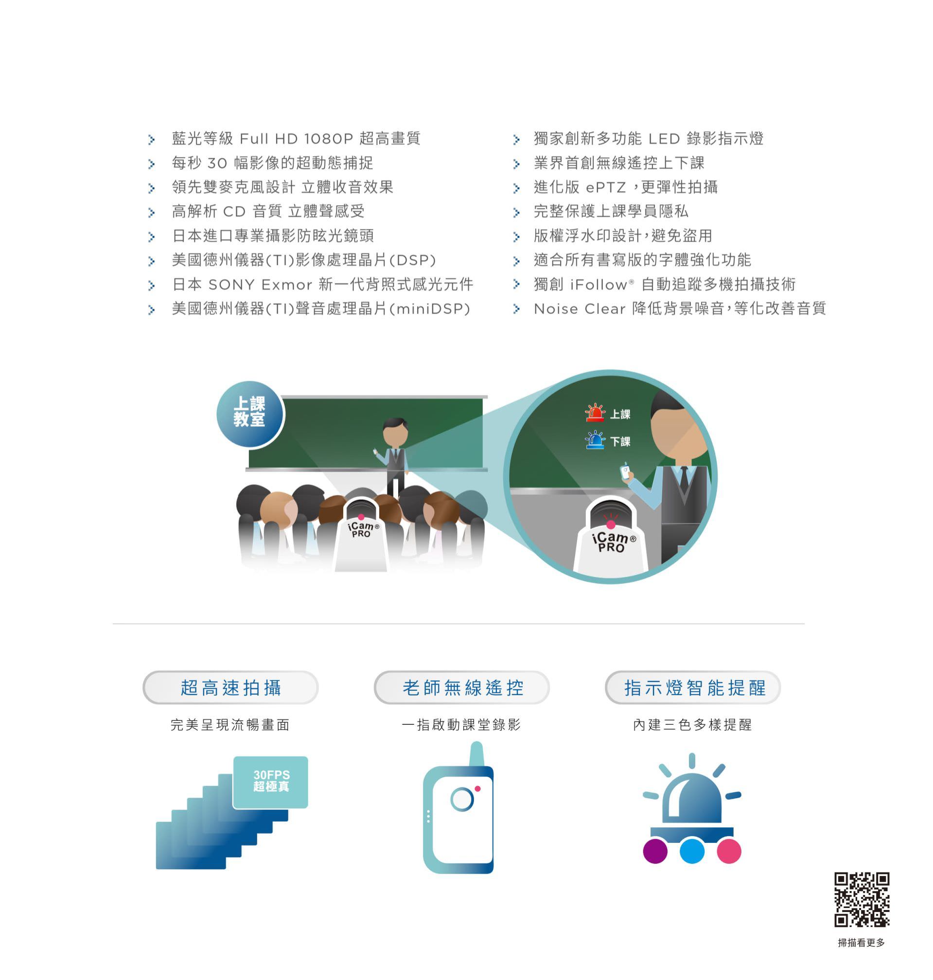 iCam PRO 摄影机支持 Full HD 1080P 超高画质与 30FPS 影象输出,搭载 SONY Exmor 感光组件与 TI DaVinci 处理芯片,提供高解析 CD 音质与 Noise Clear 降噪技术,支持 iFollow 自动追踪、智能三色指示灯提示上课状态与 ePTZ 电子云台构图,教师可透过无线遥控器一键启录,是数位教学与课程录影的智能摄影设备。