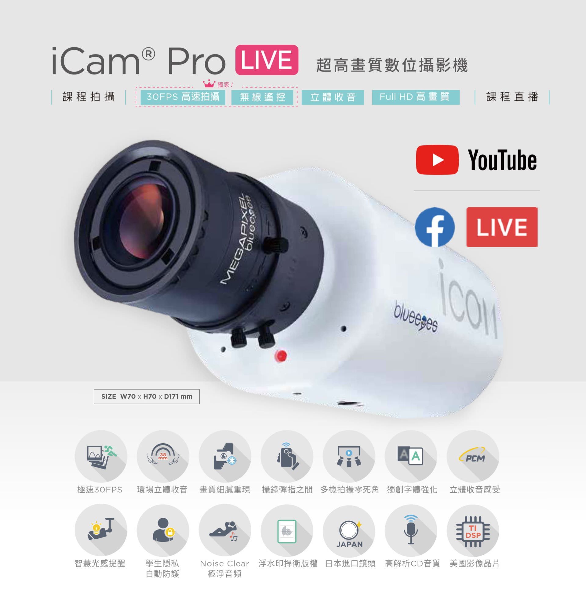 iCam Pro LIVE 超高画质数位摄影机支持 Full HD 高画质与 30FPS 高速拍摄,搭载日本进口镜头与美国影象芯片,具备环场立体收音、智能曝光控制、学生隐私屏蔽、Noise Clear 噪音抑制与多机无死角拍摄,支持 YouTube 与 Facebook 课程直播,适合教学录影、专业直播与多角度拍摄应用,是提升画质与音质的高性能课程摄影解决方案。