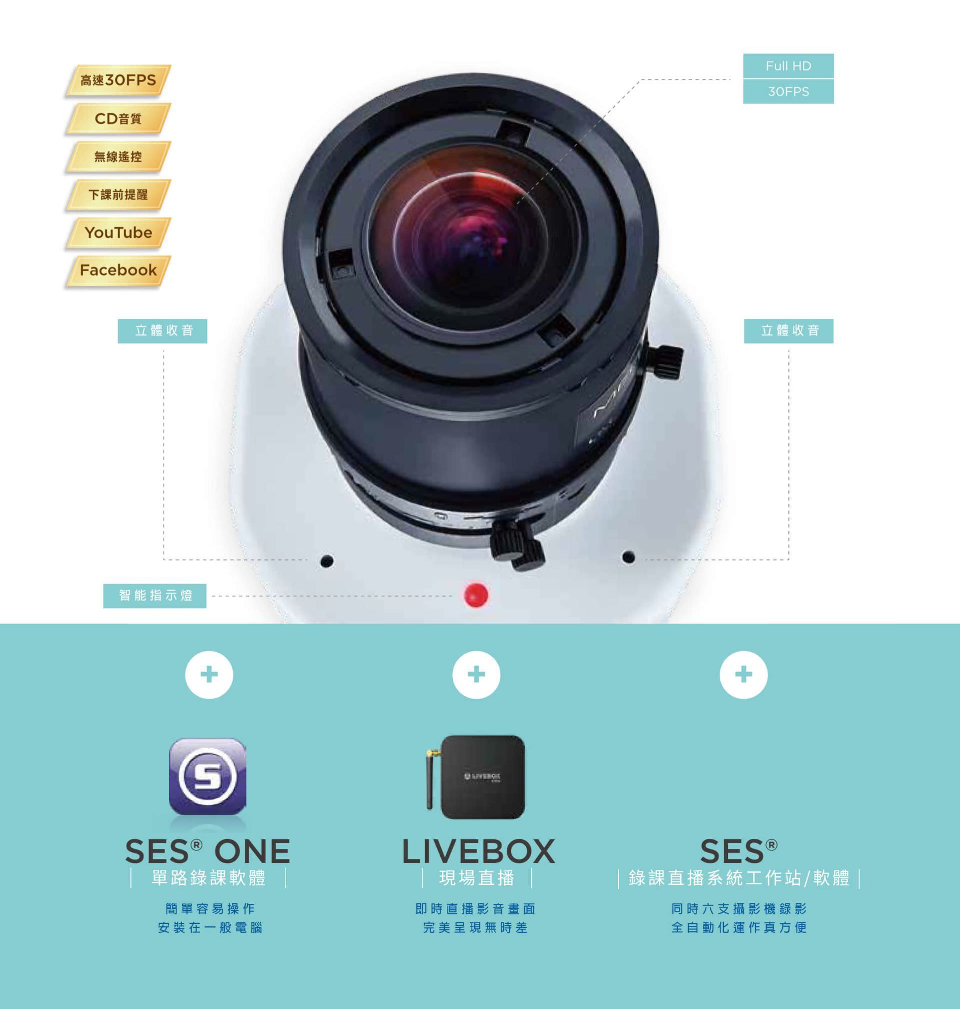iCam Pro LIVE 摄影机支持 Full HD 高画质与 30FPS 高速拍摄,内置高品质立体收音模块与智能三色指示灯提示上课状态,支持无线遥控与下课前提醒,能与 SES One 录课软件、Livebox 即时直播与 SES 录课系统整合,快速串流至 YouTube 与 Facebook 平台,是课堂拍摄、现场直播与自动录制的专业影音设备。