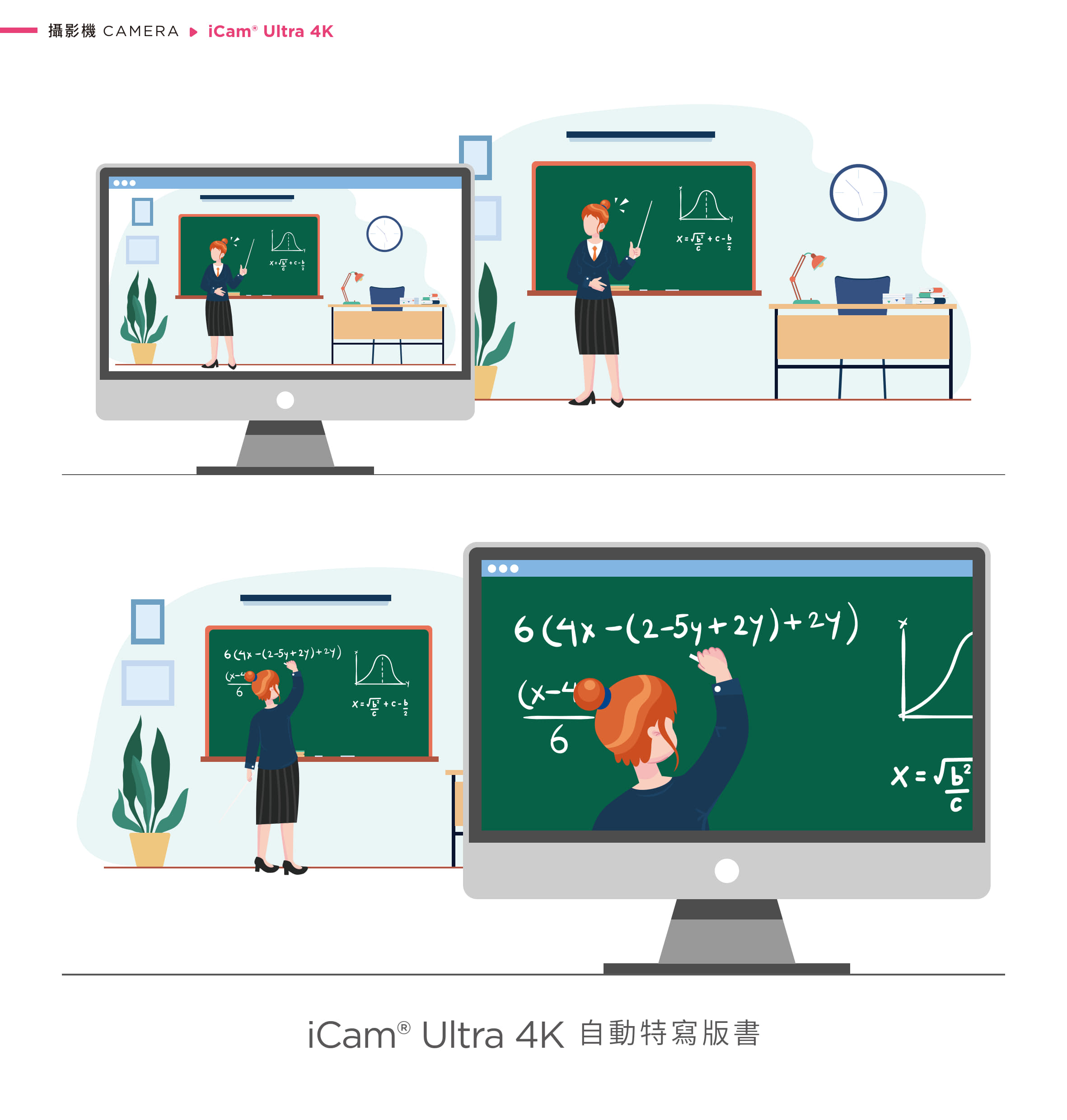 iCam Ultra 采用先进 AI 人形追踪技术，可在单台摄影机下自动切换多位讲者追踪，或由多台摄影机分工追踪不同对象，确保画面不混肴不中断，特别适用于教育讲座、研讨会与实况转播，搭载 4K 高解析画质与精准追焦与定位演算，免人力控镜也能同步拍摄多位讲者，是自动化录影系统中不可或缺的专业级 4K 自动追踪摄影机。