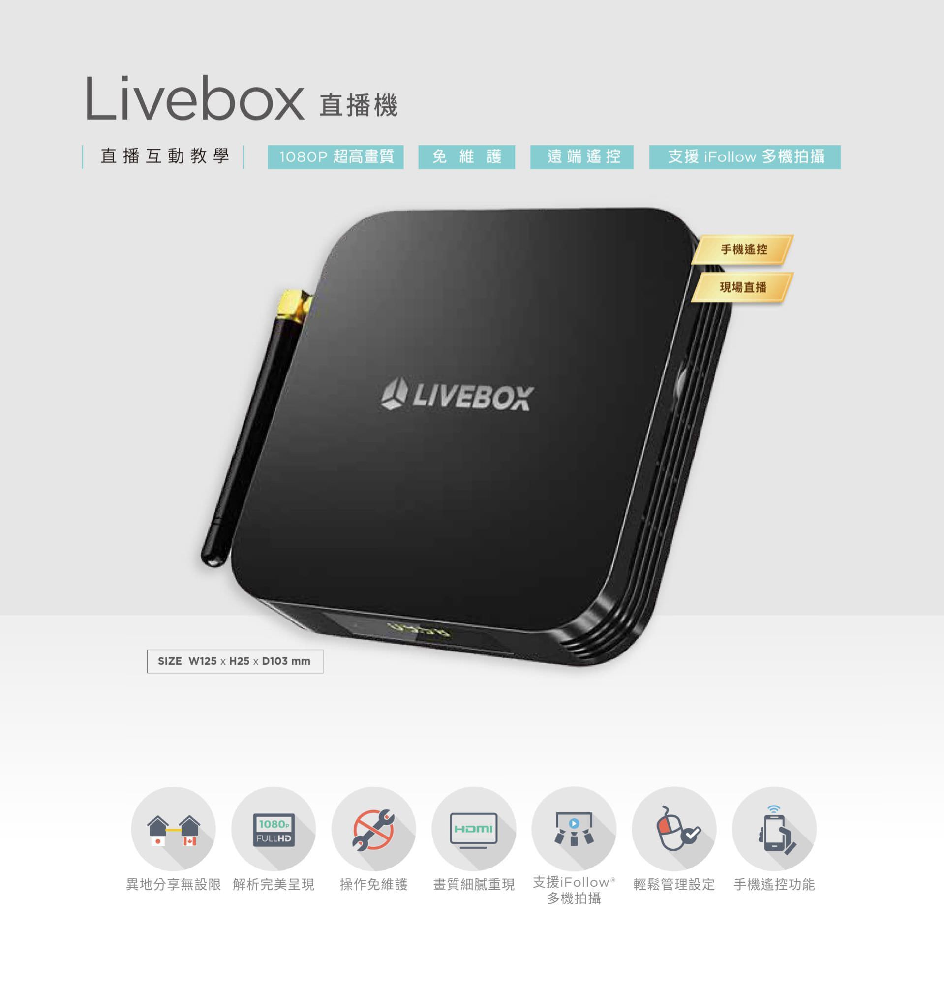 Livebox 直播机支持 1080P 超高画质串流影象,具备免维护操作设计与远程管理功能,可透过手机控制直播开关与频道切换,支持 iFollow 多机拍摄整合与 HDMI 输出,是实现异地同步直播、交互教学与智能教室整合的高效直播设备,适合教育单位或企业直播应用。