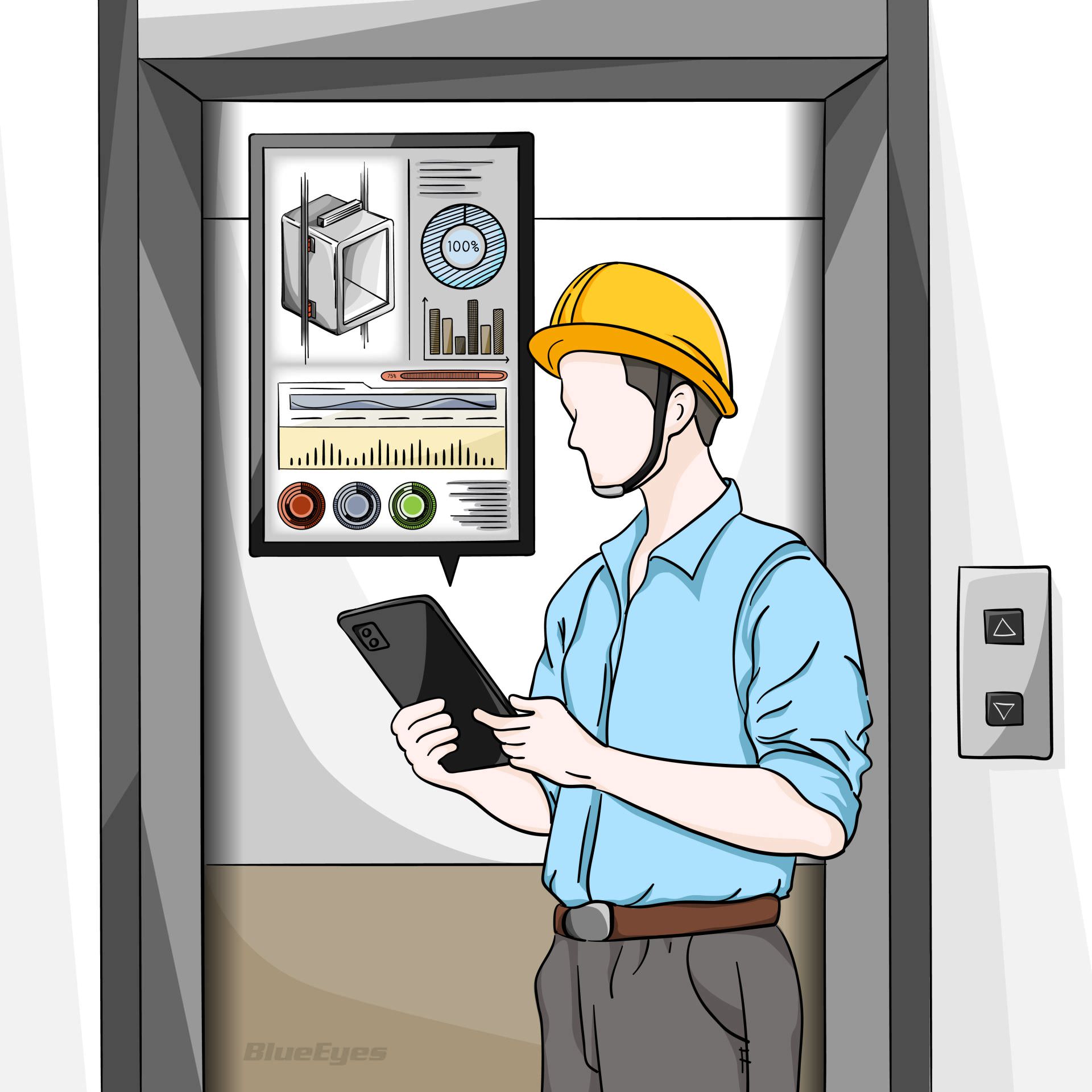 技师使用平板手机检查电梯状态