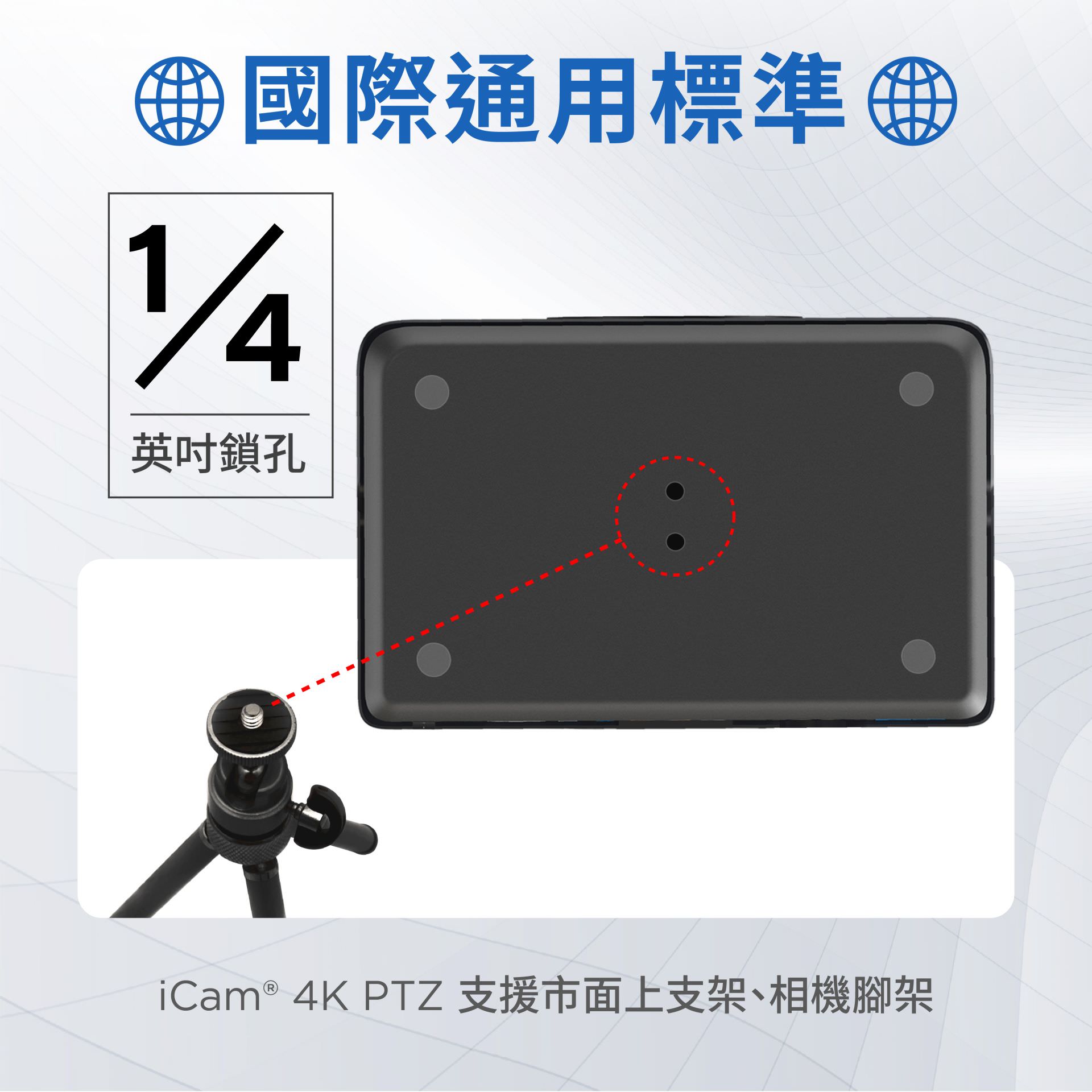 iCam Ultra摄影机采用国际标准1/4寸螺丝孔