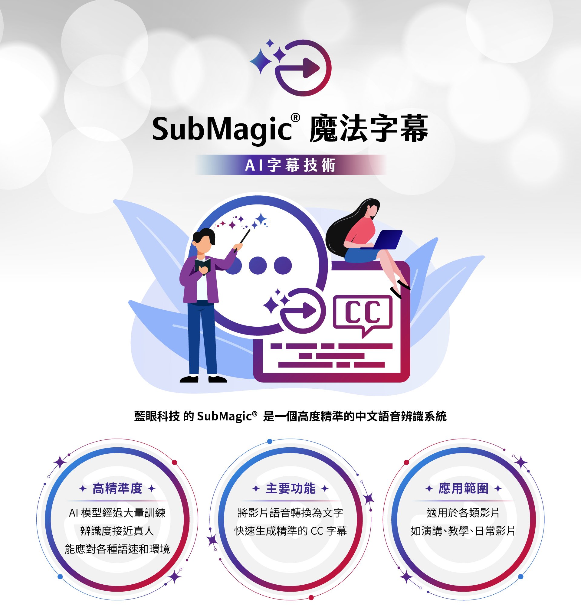 SubMagic魔法字幕，运用先进AI语音辨识技术，能快速、精准地将语音转换为字幕，无论是演讲、教学还是日常影片，都能生成高品质的CC字幕。适用于各种影片场景，提升观看体验，让语音与文本无缝结合，轻松实现跨语言的交流与学习。